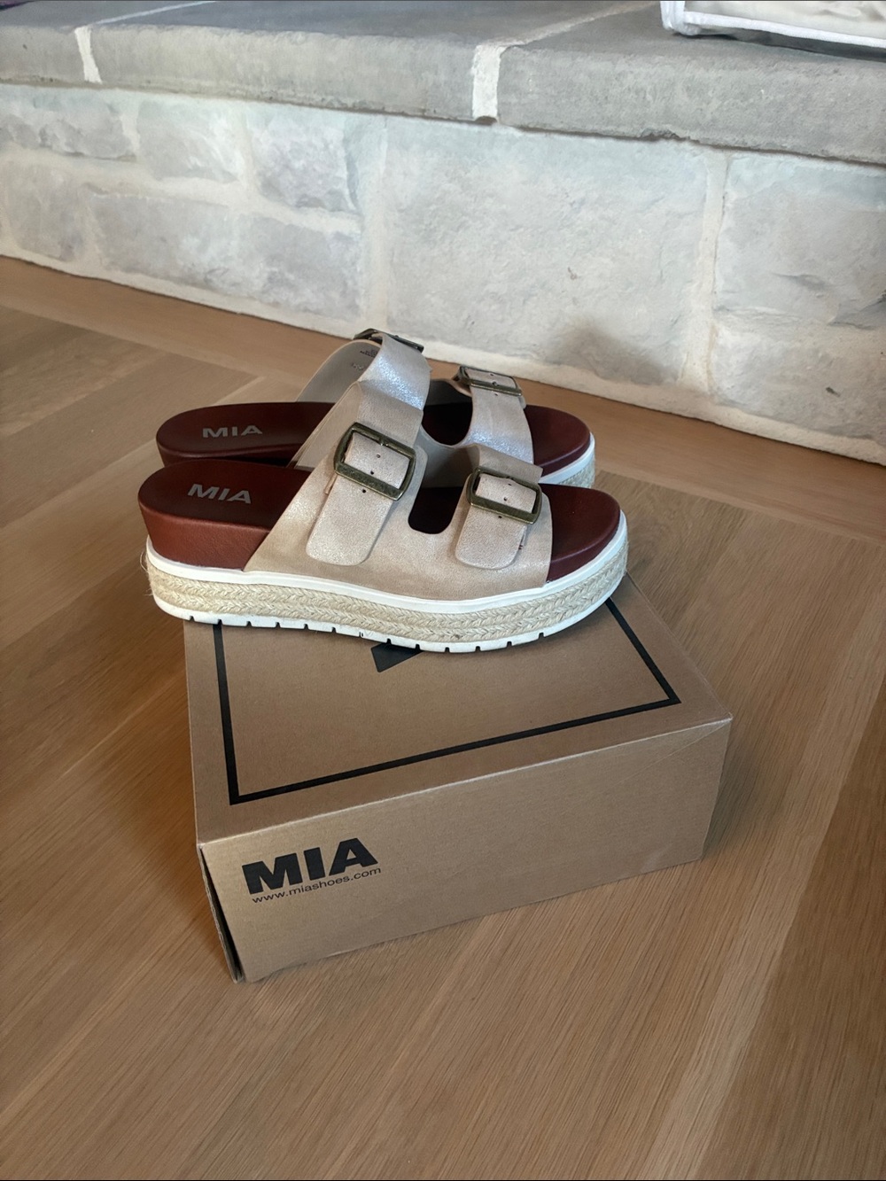 MIA Metallic Champagne Double-Buckle Platform Sandal